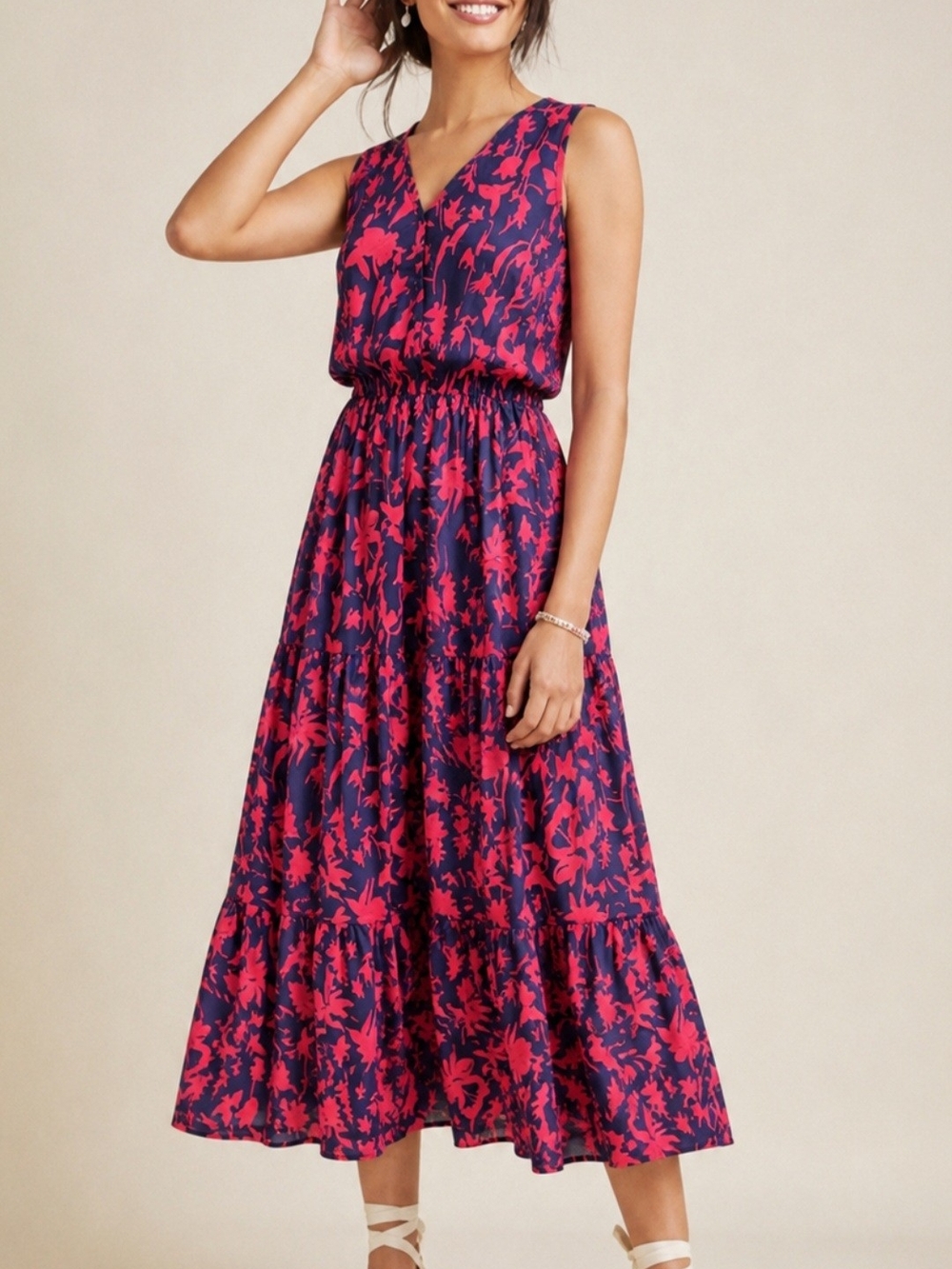 ❤️Sleeveless V-Neck Maxi Dress in Navy and Fuchsia Floral Pit 24 N/POCKETS